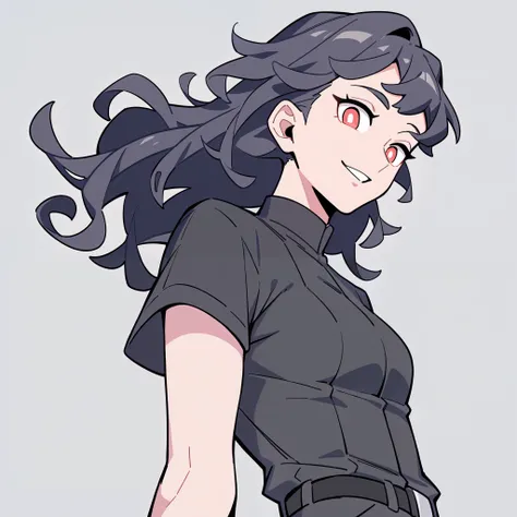 anime characters：1woman, girly, breast, adult:1.0, female focus, black short sleeve outfit, black clothes, black boots, cargo pants, only, Upper body, alone, black hair, curly hair, fluffy hair, long hair, thin eyebrows, red pupils, Light Grey background, ...