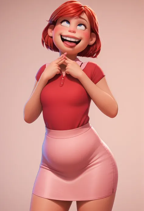 Story: , NSFW, Massively’ overweight', May Lee, Red hair, “peace sign", “ahegao", “tilt your head", cowboy shot, Bare thighs, ((red scoop top)), 36girl76, “alone", salient smile, ((pink pencil skirt)), “gazing at viewer", “hands crossed", whole body, “pose...