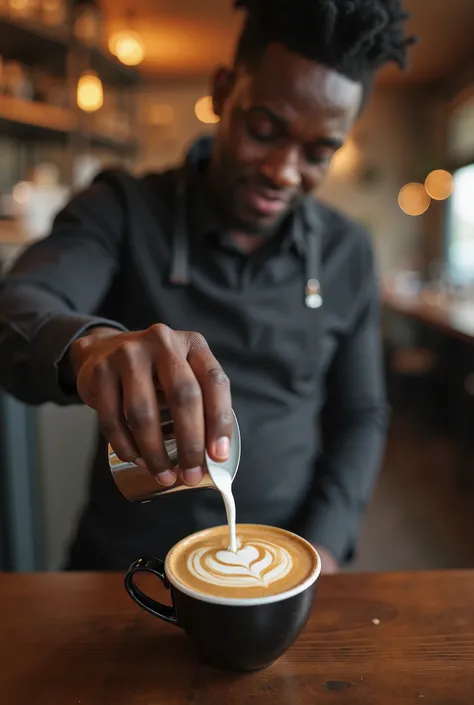 A highly realistic shot of a Black café barista pouring steamed milk into a cup of espresso, creating an intricate latte art design. The café background is softly blurred, with warm lighting and wooden interiors.