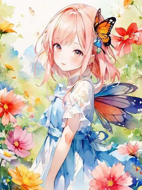 Watercolor illustration of a girl with fair skin and butterfly wings、HD、Cosmos、TOP QUALITY、 adorable by design、posters(8k.Watercolor touch)