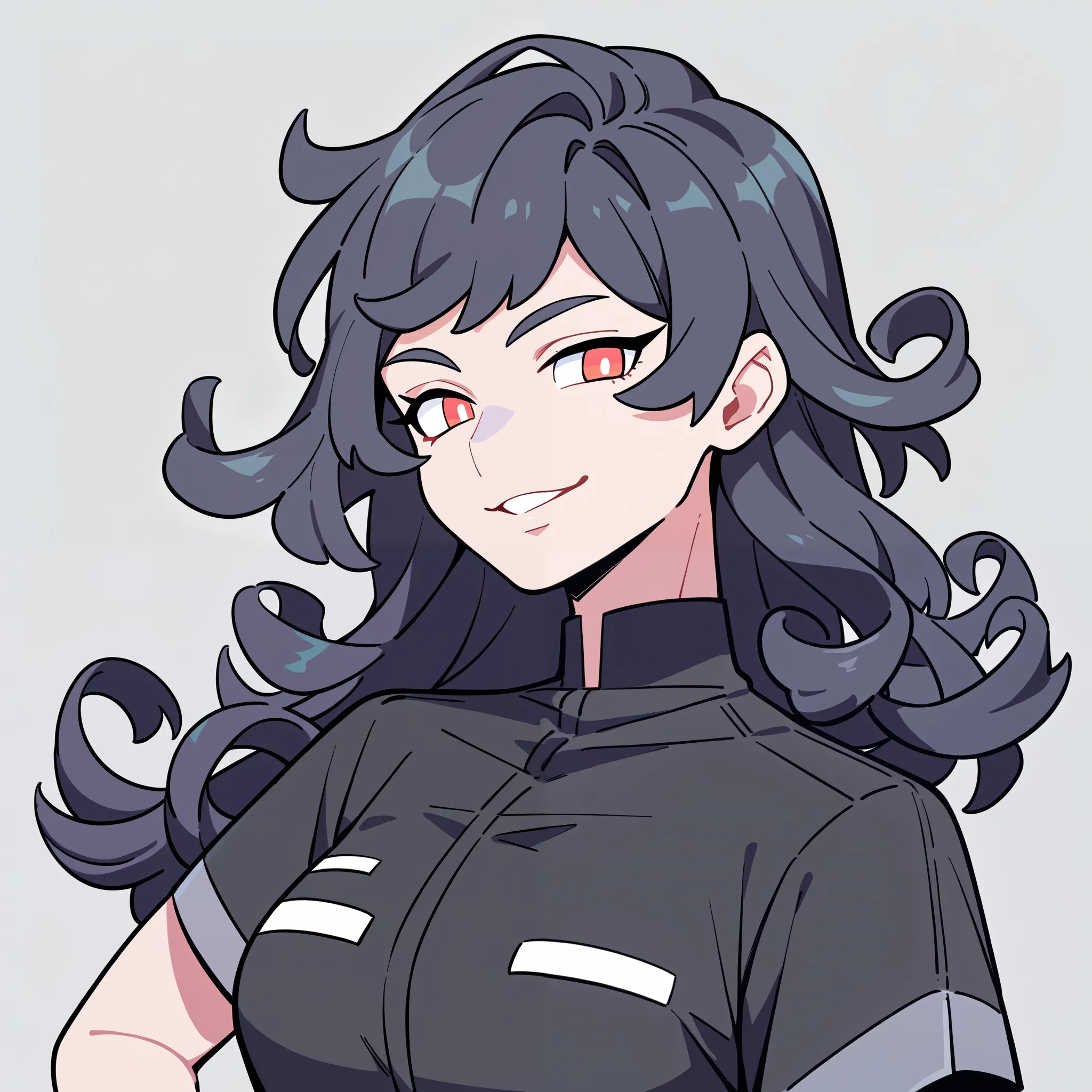 anime characters：1woman, girly, breast, adult:1.0, female focus, black short sleeve outfit, black clothes, black boots, cargo pants, only, Upper body, alone, black hair, curly hair, fluffy hair, long hair, thin eyebrows, red pupils, Light Grey background, ...