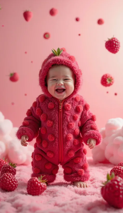 A laughing baby, standing upright with their entire body in view, super close to the camera, dressed in a fluffy red jumpsuit covered in three-dimensional raspberries, with a cozy hood featuring tiny green leaves. The floating raspberry fantasy background ...