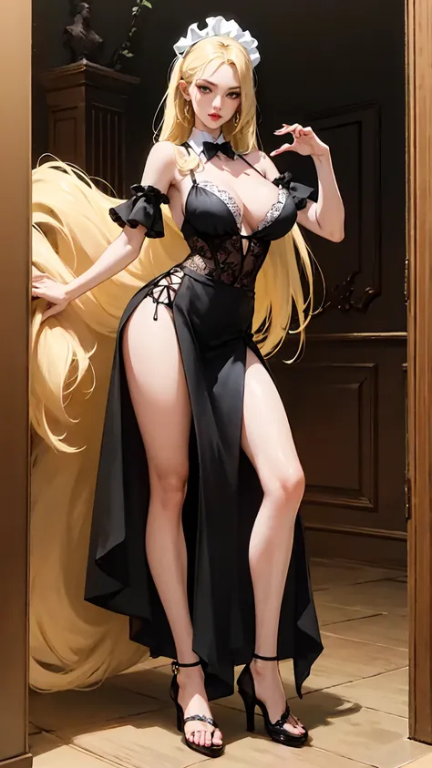 ( masterpiece:1.2, need), (Real shot, Exquisitely carved),  big natural breasts , 1 Female, blond hair, long hair, Sexy Sheer Plunging Deep V Provocative Maid Outfit, short micro skirt, high heel sandals, Manicure