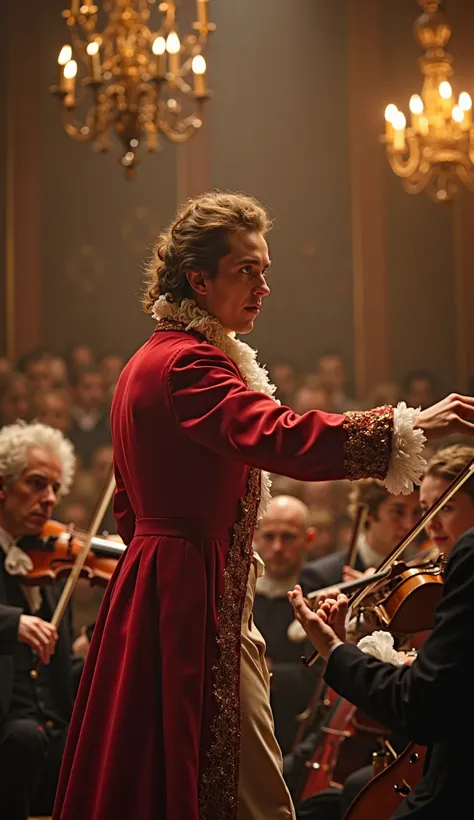 An young adult, ager ( maximum 20 years old) Wolfgang Amadeus Mozart conducts an orchestra with unparalleled ardor on a stage lit by candelabras and dimmed spotlights. His Baroque costume flutters slightly under the impulse of his passionate movements. His...