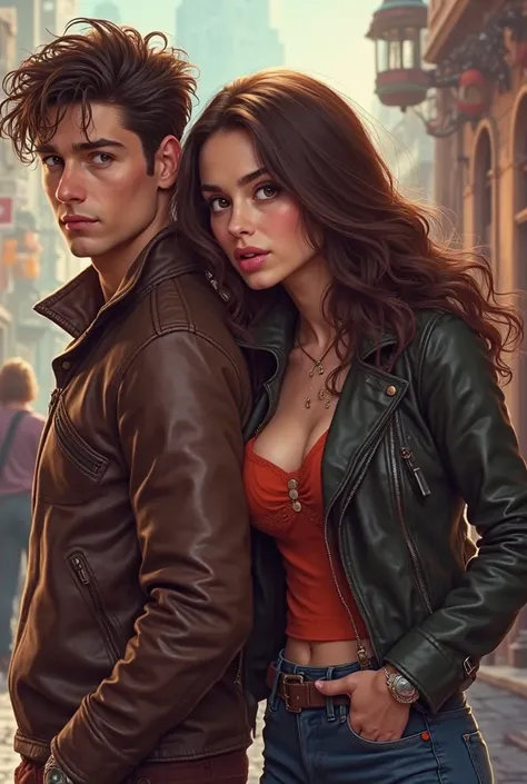 She's a cheeky brunette, he is her bodyguard of young European appearance, casual clothing style most often leather jacket