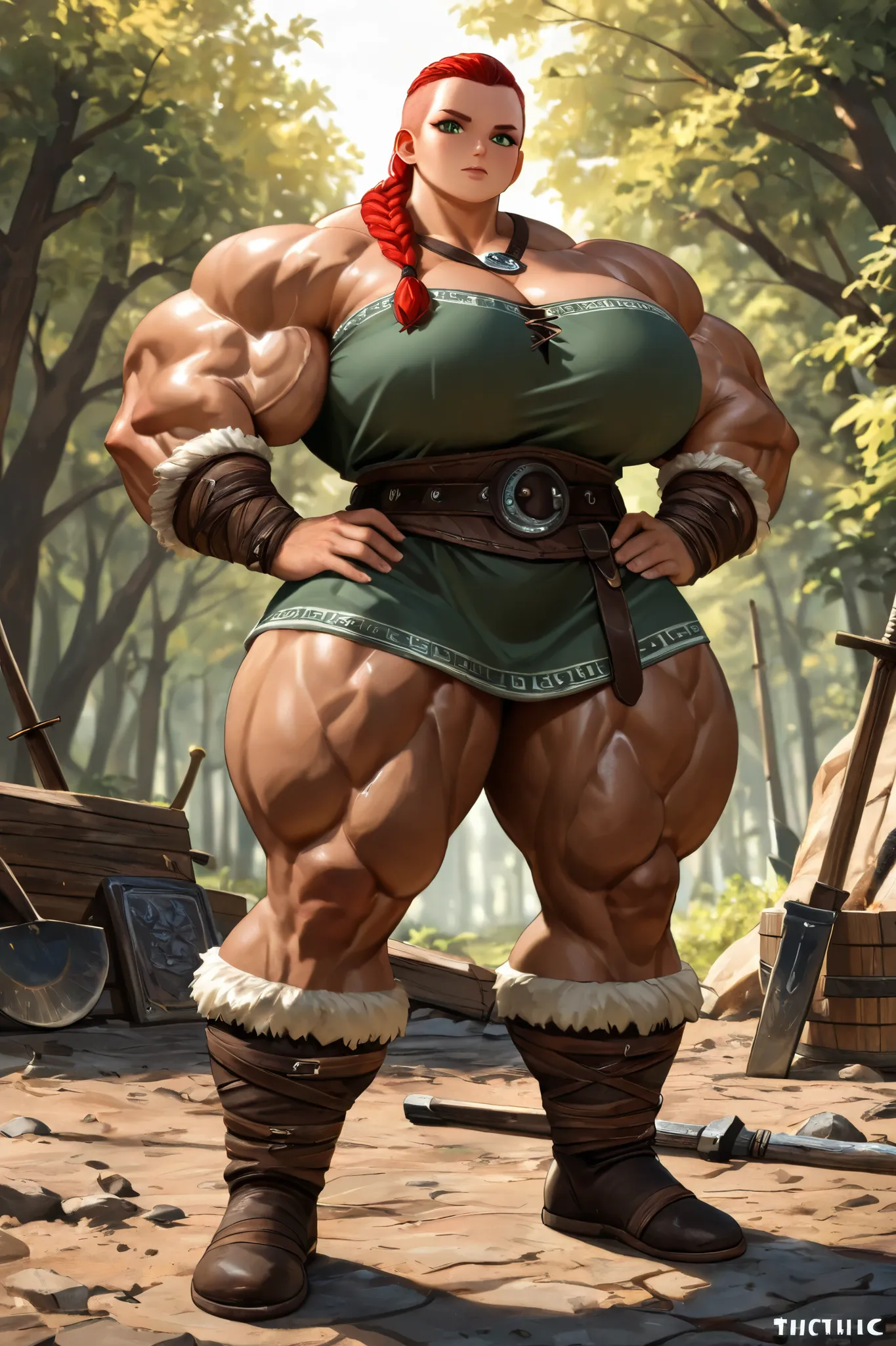 woman,red-haired , green eyes, braided hair, sfw version, muscular! fantasy, commission for high res, gigachad muscular, powerful and huge, most strongest pose, thicc, muscular!!, massive muscles, muscular!, thicc build, exaggeratedly large physique, large...