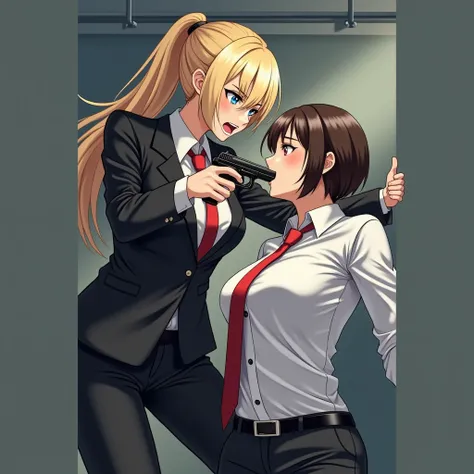 Imagine a sexy blonde female legal technician who wears a white shirt and red tie, a formal black suit, putting her gun and firearm in the mouth of another female secretary shaking with fear, anime-style.!!!!