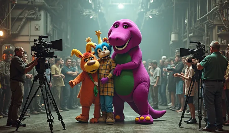 The Barney show behind the scenes the study of the show behind the scenes Barney hugging several ren in the scene production people cameraman dystopia Big corporate setting