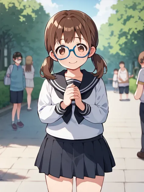  score_9,  score_8_up,  score_7_up, break, nsfw， uncensored， young girl， Low， Toddler type，Sow training， anime color,Madeleine , brown hair on both arms, twin tails, Glasses，blue framed glasses , 紫色の skirt,  Long Sleeve,  outdoor, smile, shy,  freckles, br...