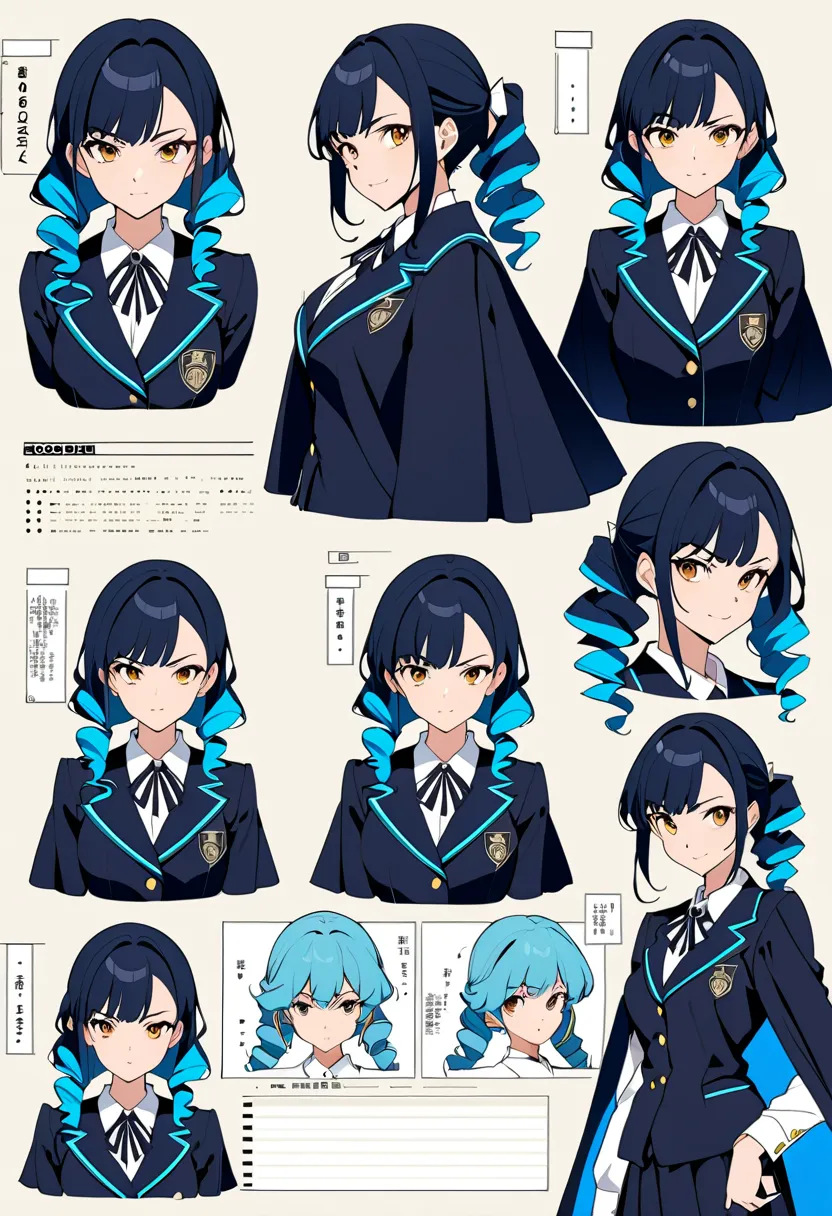 (masterpiece, best quality),source_anime,Anime-style character design sheet featuring a school girl. she is drill hair,blue hair. evil grin. She has a sword with a spiral tip. The character wears intricate school-uniform with engraved patterns and a flowin...