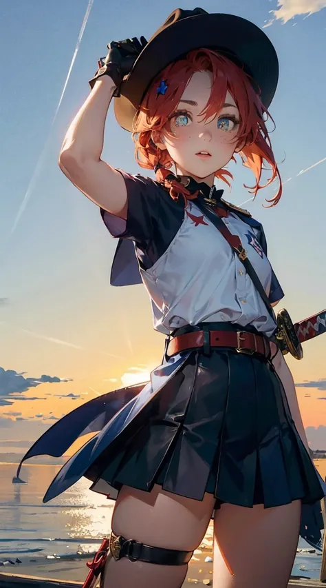 gemini sunrise, red hair, low ponytail, blue eyes, freckles, sidelocks, cowboy hat, belt, thigh strap, fringe trim, gloves, miniskirt,  short sleeves, cowboy boots, ,(asterisk-shaped pupil:1.6),katana_pose, (katana,weapon,holding_katana,holding_weapon, she...