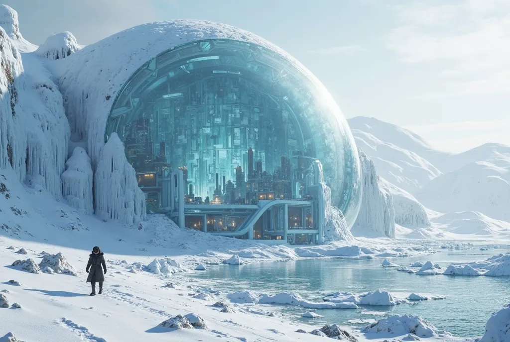 A city shrouded in a gigantic ice dome, There is a wall of ice surrounded by (0.7),a snowy world, makes a difference with the cold, covered with white snow, the outside, On a snowy hillside