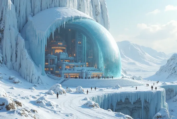 A city shrouded in a gigantic ice dome, There is a wall of ice surrounded by (0.7),a snowy world, makes a difference with the cold, covered with white snow, the outside, On a snowy hillside