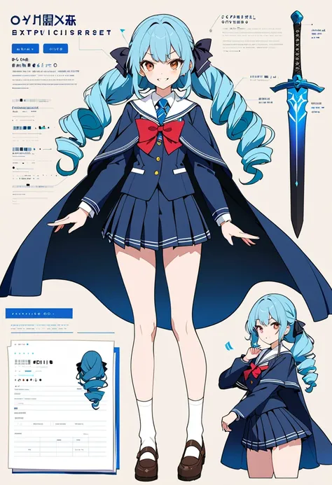 (masterpiece, best quality),source_anime,vibrant colors,Anime-style character design sheet featuring a school girl. she is drill hair,blue hair. evil grin. She has a sword. The character wears intricate school-uniform with engraved patterns and a flowing c...