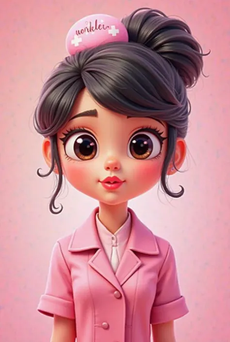 Pixar female character, with black hair up, with black eyes, pink cheeks and big lips, wears a pink nurse's coat and pink gloves, fondo rosa. 