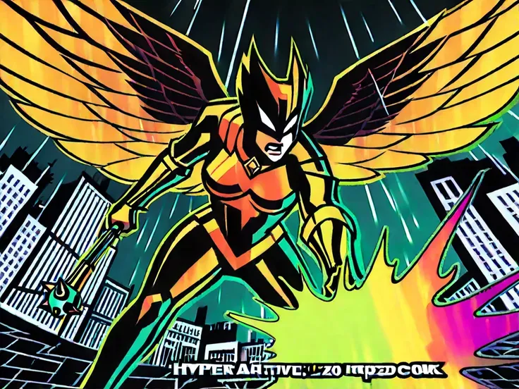 hawkgirl (dc comics), intricate ornate refraction stained glass design style splash page candid action shot cover art comic, wings spread mid-flight, wielding metal mace, armored costume with noir textures, intense determined expression, [Joëlle Jones' sha...