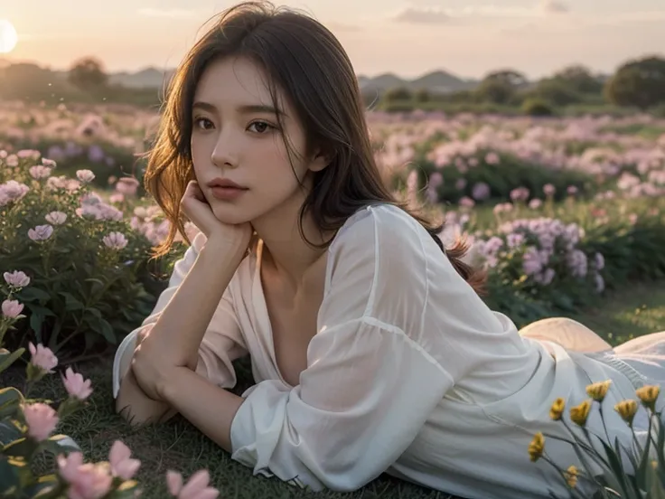 serene and romantic scene, a woman lying in a blooming flower field, surrounded by soft pastel flowers under a golden sunset. atmosphere conveys a sense of solitude and peace, gentle breeze moving her hair, light casting a warm glow on her figure. composit...