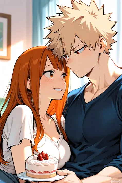 bakugo katsuki, girl with long auburn hair, couple, detailed, cute, cake