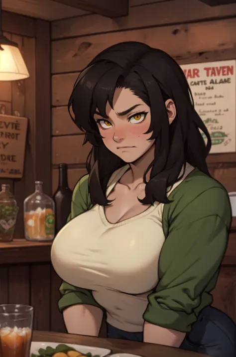 cozy tavern cozy tavern cozy tavern cozy tavern empty eyes embarrassed black hair yellow eyes long hair pale skin huge muscles big breasts solo