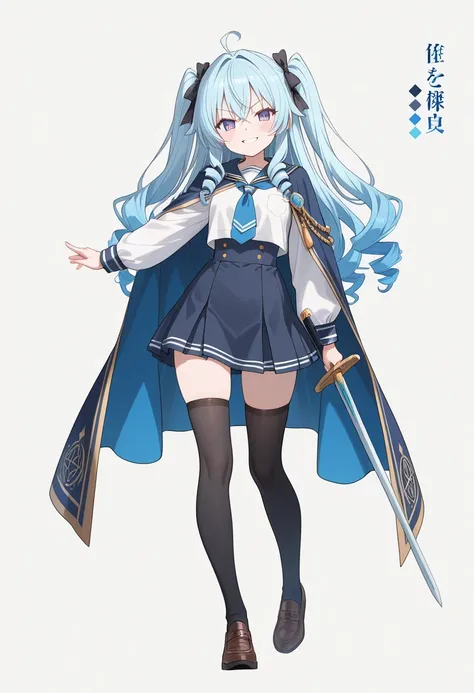 (masterpiece, best quality),source_anime,vibrant colors,Anime-style character design sheet featuring a school girl. she is drill hair,blue hair. evil grin. She has a sword. The character wears intricate school-uniform with engraved patterns and a flowing c...