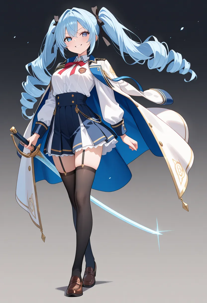 (masterpiece, best quality),source_anime,Anime-style character design sheet featuring a school girl. she is drill hair,blue hair. evil grin. She has a sword with a spiral tip. The character wears intricate school-uniform with engraved patterns and a flowin...