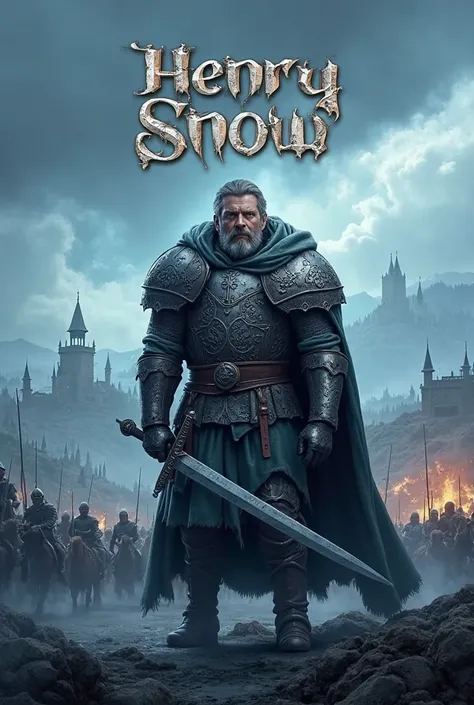 Movie poster of the medieval animated film "Henry Snow" with a medieval warrior named Henry Snow in a war setting and written the name "Henry Snow". blue color palette.