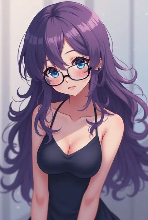 Anime girl with purple hair,  dark blue eyes, chest a little big,tight-fitting fringless dress, looking at the spectator, with glasses, nervous, shymy a little blushed, anime style, wavy hair, Already mature 