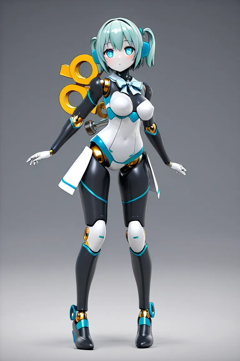 anime style, 1girl, younger female, voluptuous, humanoid robot, doll joints, winding key, mecha musume, perfect hands, 3d, high resolution, high quality, hd,  