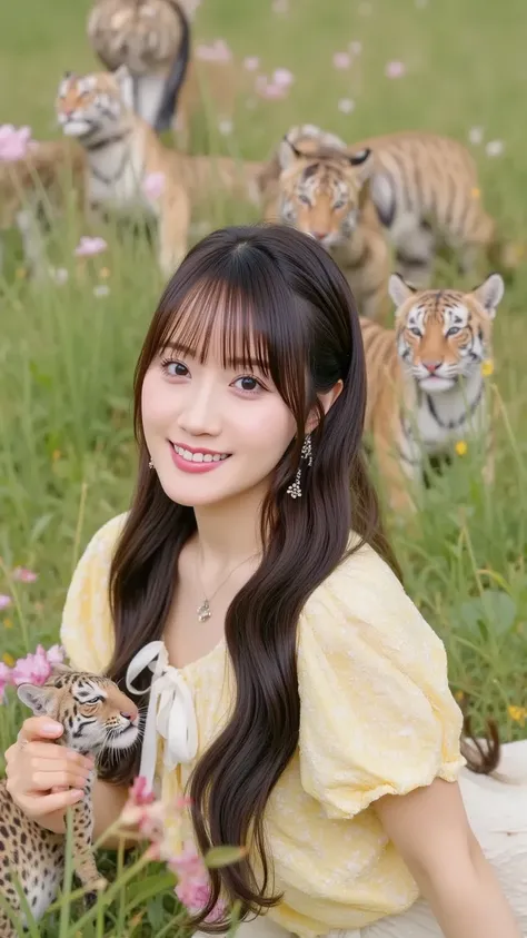 A cute Japanese woman playing with a group of adorable tigers in a peaceful meadow. The woman is wearing an off-shoulder outfit, and she has a joyful expression on her face as she interacts with the playful tigers. The setting is a bright, sunny day with l...