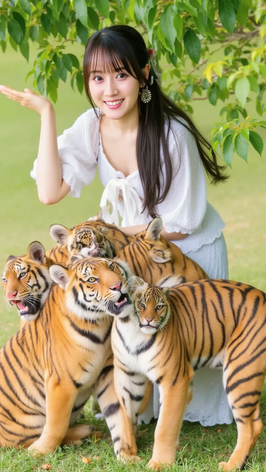 A cute Japanese woman playing with a group of adorable tigers in a peaceful meadow. The woman is wearing an off-shoulder outfit, and she has a joyful expression on her face as she interacts with the playful tigers. The setting is a bright, sunny day with l...