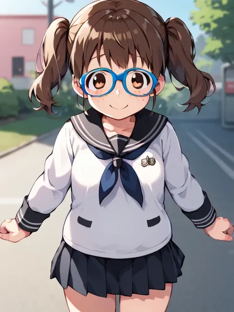  score_9,  score_8_up,  score_7_up, break, nsfw， uncensored， young girl， Low， Toddler type，Sow training， anime color,Madeleine , brown hair on both arms, twin tails, Glasses，blue framed glasses , 紫色の skirt,  Long Sleeve,  outdoor, smile, shy,  freckles, br...