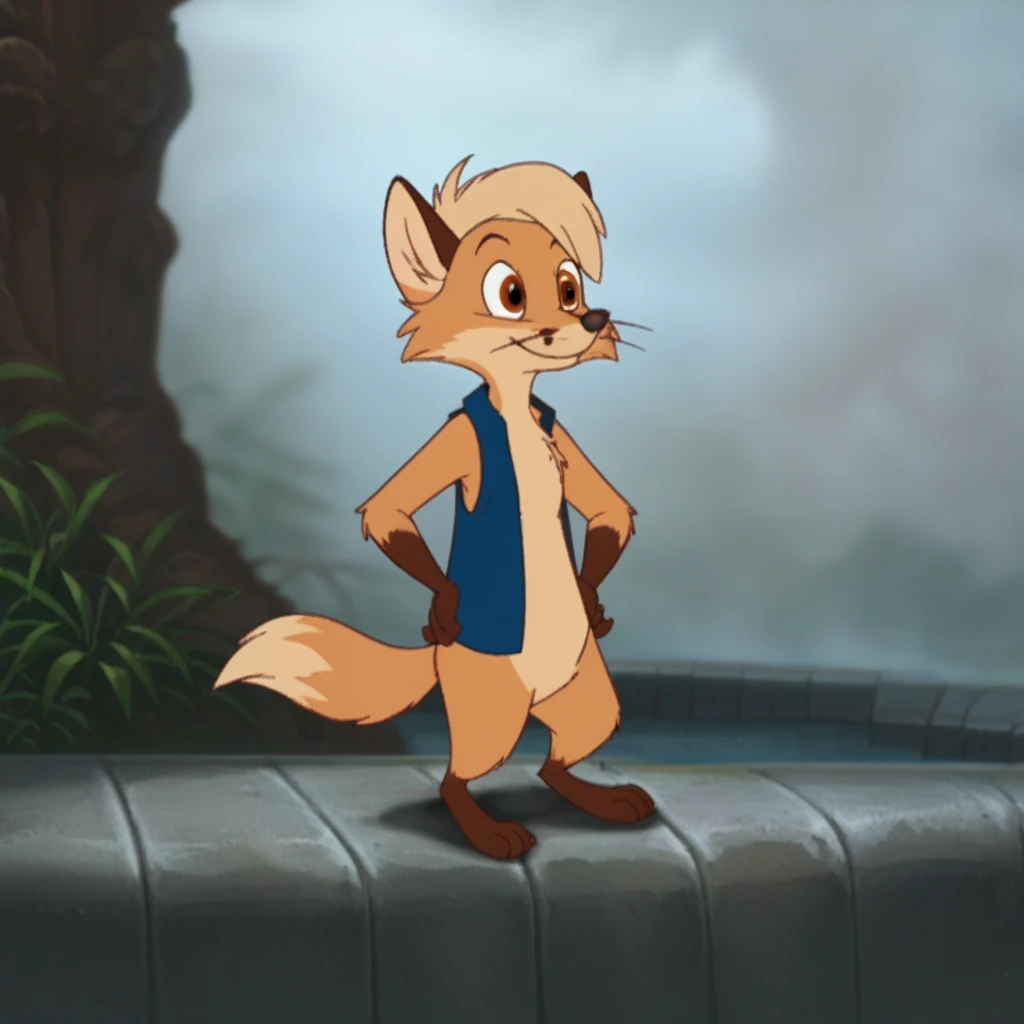 score_9, score_8_up, score_7_up, score_6_up, score_5_up, score_4_up, source_furry, Timmynimh2, semi-anthro, male, fox , tan fur, brown eyes, short hair, blue vest,standing, hands on hips, solo, 1boy, outside