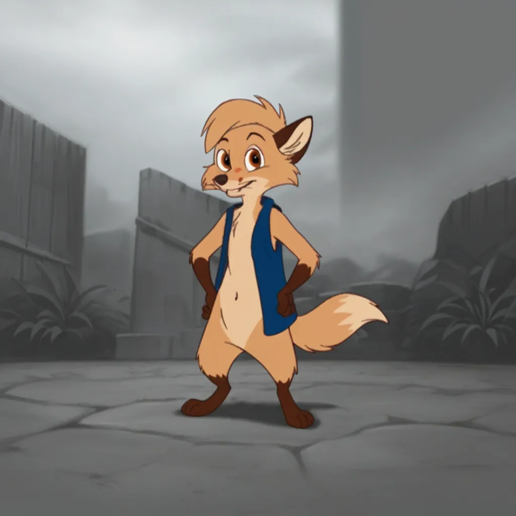 score_9, score_8_up, score_7_up, score_6_up, score_5_up, score_4_up, source_furry, Timmynimh2, semi-anthro, male, fox , tan fur, brown eyes, short hair, blue vest,standing, hands on hips, solo, 1boy, outside