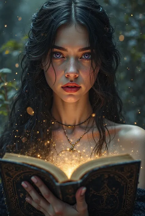 Young woman of 30 years old, white skin,  violet eyes, red lips, black hair, long and wavy with delicate curves and holding a spell book