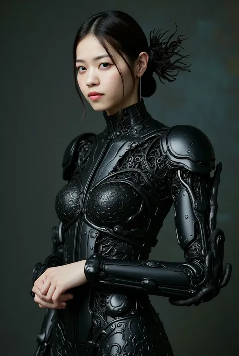 Beautiful woman in exoskeleton, detailed face, perfect anatomy, perfect fingers, Gothic style female android mechanical skeleton made of keys scales, pitch black dark background, [ultra huge breasts woman:8], abstract, [muted colors: vivid colors:8], sharp...