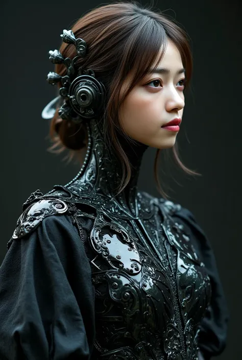 Beautiful woman in exoskeleton, detailed face, perfect anatomy, perfect fingers, Gothic style female android mechanical skeleton made of keys scales, pitch black dark background, [ultra huge breasts woman:8], abstract, [muted colors: vivid colors:8], sharp...