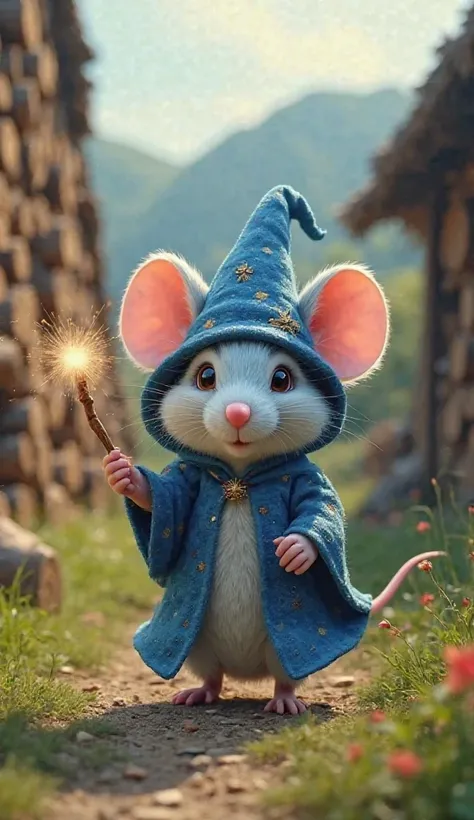  Fantastic　 realistic footage　European countryside　A cute light blue mouse with round eyes wearing a blue wizard costume　A magic wand with a glowing tip　Lots of piled up logs