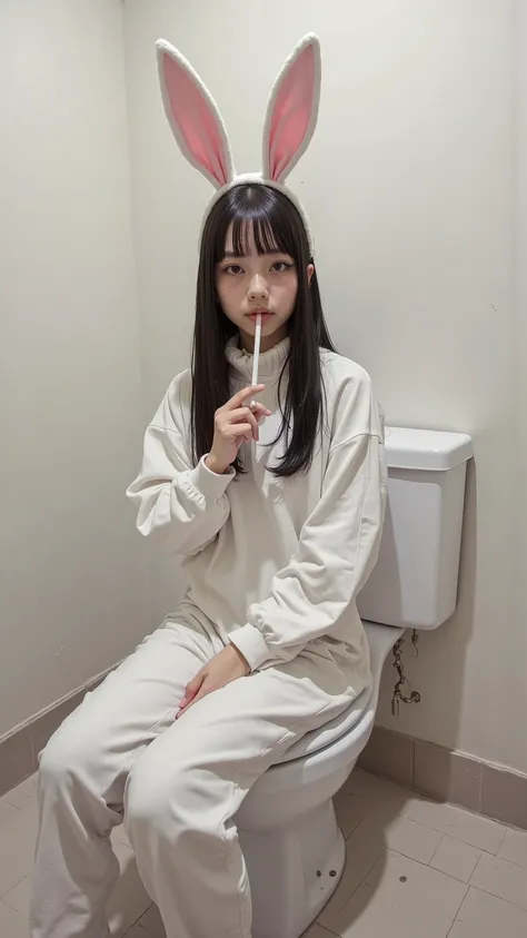  fisheye、Picture of a woman holding a straw sitting on the toilet,  white bunny suit 、inspired  by Thomas Hanukkah ,  street casual、  by Thomas Hanukkah , by Kamisaka Sekka, inspired by Jamie Hewlett, Singay, by Jamie Hewlett, Kang Hae-eun , inspired by Th...