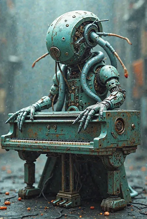 I WANT A MUSICAL PIANO THAT COMES FROM THIS WORLD, WITH THE COLORS OF ARTIFICIAL INTELLIGENCE,  with tentacles , dystopian,  disruptive , futurist, Only the backgroundless image  