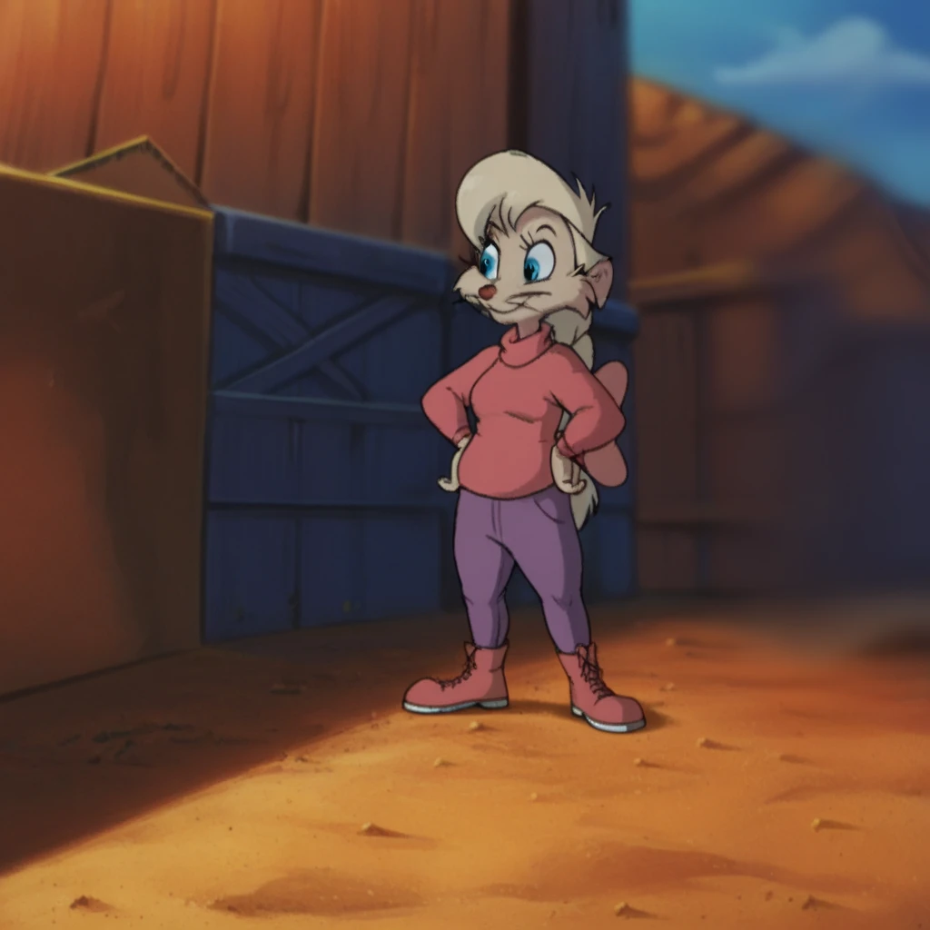 score_9, score_8_up, score_7_up, score_6_up, score_5_up, score_4_up, source_furry, jennynimh2, , female, human , tan skin , blonde hair ponytail, pink sweater, long sleeves, blue eyes, outside, standing, hands on hips, pink bow, solo, 1girl purple pants re...