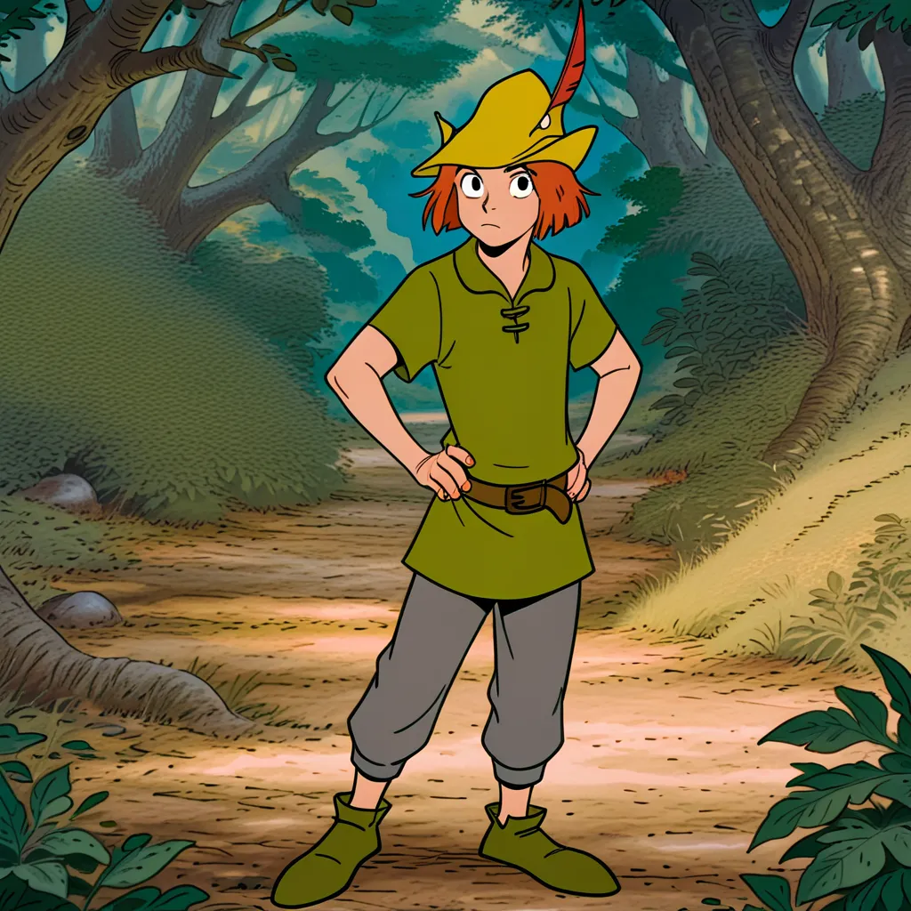 masterpiece, best quality, amazing quality, RobinhoodRHIL, orange hair , male, human green tunic, black eyes, yellow hat, green shoes, brown belt, standing, in a forest, solo, 1boy, lookng at viewer, hands on hips, gray pants 