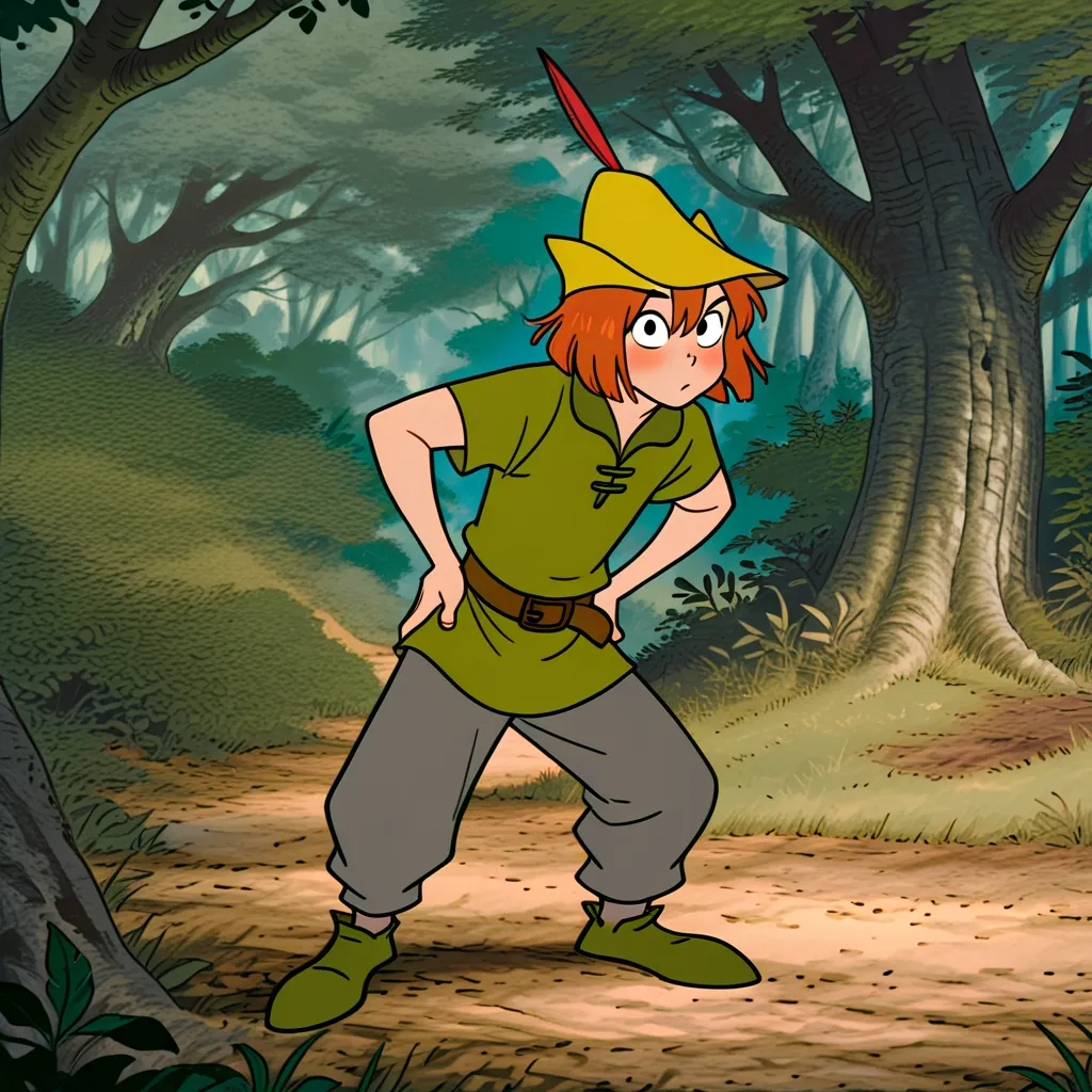 masterpiece, best quality, amazing quality, RobinhoodRHIL, orange hair , male, human green tunic, black eyes, yellow hat, green shoes, brown belt, standing, in a forest, solo, 1boy, lookng at viewer, hands on hips, gray pants 