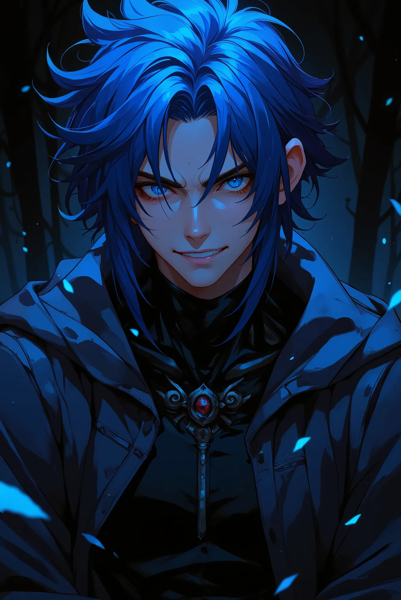 blue haired man.  sarcastic smile. adult. anime.  blue eyes. clothing: dark cloak. Art Style : Malignant