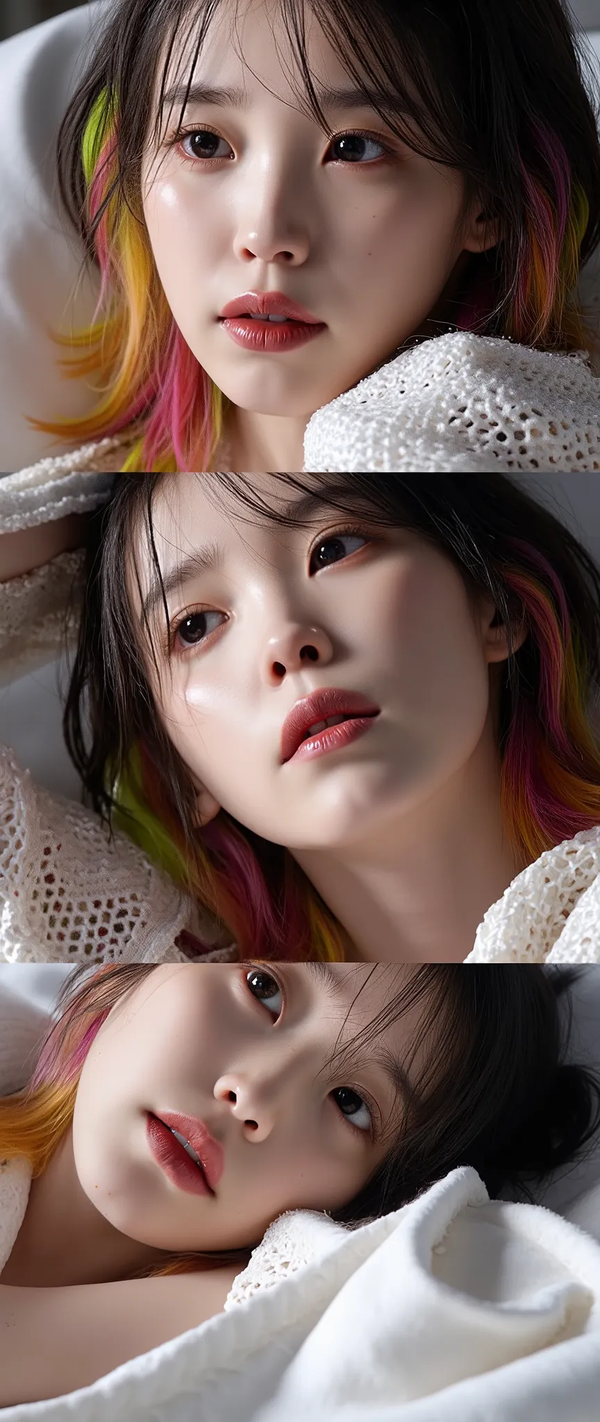 A photo reel of 3 close-up face photos in different poses, ultra details, breathtaking, hyper-real, 8K, A captivating, supermodel emo girl, 11-years-old, tween, with full pouty lips, bimbo lips, big intense eyes, a button nose, emo makeup, and long rainbow...