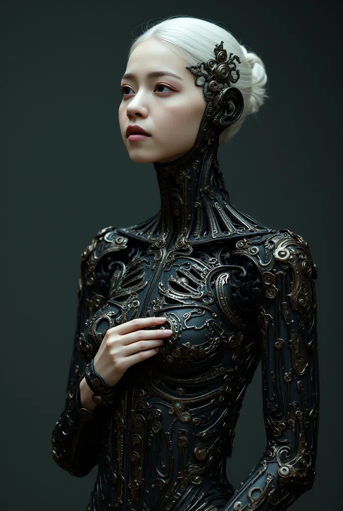 Beautiful woman in exoskeleton, detailed face, perfect anatomy, perfect fingers, Gothic style female android mechanical skeleton made of keys scales, pitch black dark background, [ultra huge breasts woman:8], abstract, [muted colors: vivid colors:8], sharp...