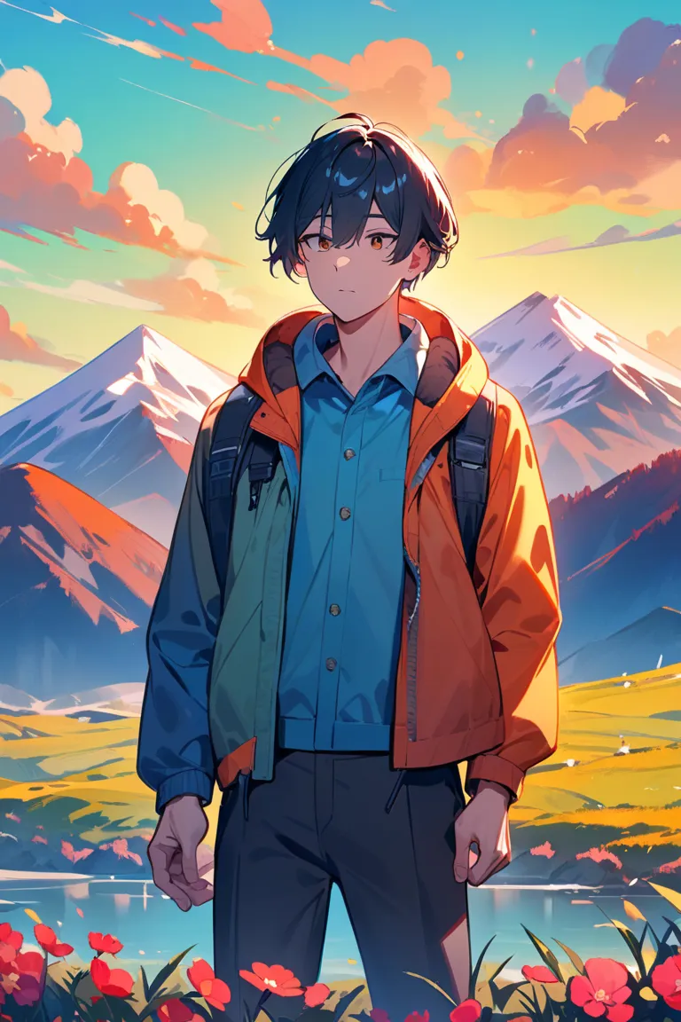 A man who is alone, with a beautiful mountain background, and high quality, and bright colors. 