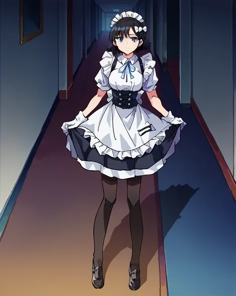  score_9,  score_8_up,  score_7_up,  score_6_up,  source_Anime, 1 girl, Alone,  PMMly ,   black hair,  short hair,  blue eyes, hair bow,  white ribbon, Maid of Destiny, maid headdress,  maid apron,  White Gloves, Black Thigh High, corridor,  is watching yo...