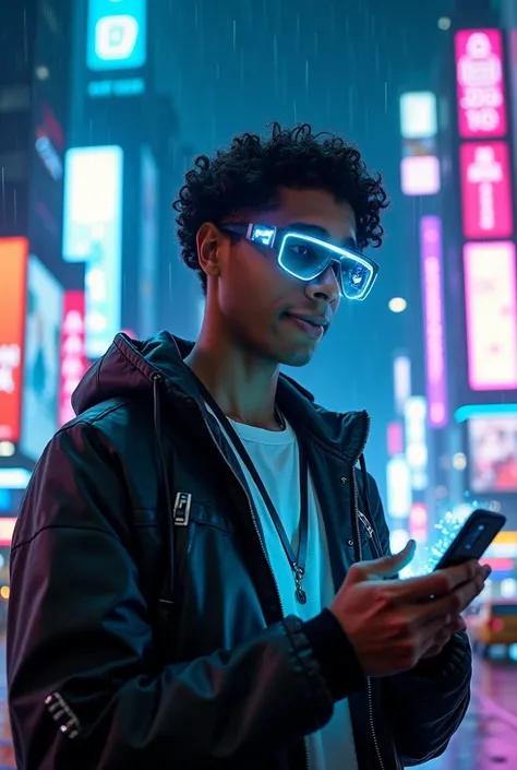 This man, transformed into a cyberpunk character, stands in the heart of a futuristic city at night, illuminated by neon lights in shades of blue, pink, and purple. His defining physical features—curly black hair, glasses, warm skin tone, and strong facial...