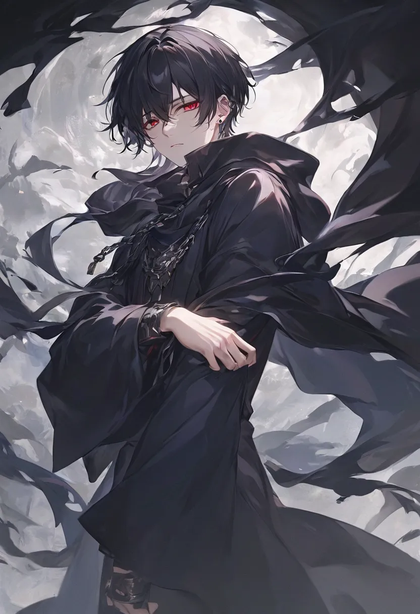 *"A hyper-detailed, ultra-high-definition anime-style illustration of a male character shrouded in mystery and sorrow. His pale skin contrasts with his long, flowing black hair, which cascades down his back in intricate strands, each meticulously rendered ...