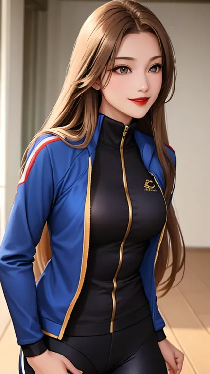 woman , long hair golden brown, normal, she is solo, from alternative world ,best quality, realistic, cycling (full dark blue) suit and cycling sports black shorts, she is stand , smile, red lipstick , 